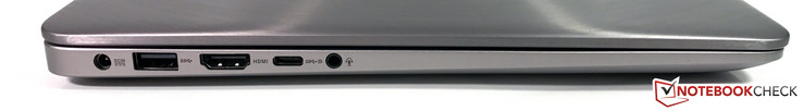 Слева: гнездо зарядного устройства, USB 3.0, USB Type-C (Gen.1 + DisplayPort), 3.5 мм комбинированный аудио разъем