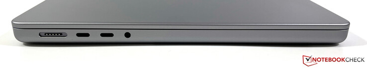 Левая сторона: MagSafe 3, 2x USB-C (Thunderbolt 4 40 Гбит/с, USB-4, DisplayPort, Power Delivery), аудио разъем