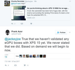 Твит Dell: &quot;Мы готовы начать сертификацию XPS на совместимость с eGPU, но месяц уйдёт на проработку процесса&quot;. (Изображение: Twitter) 