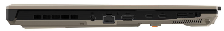 Левая сторона: разъем питания, гигабитный Ethernet, HDMI, USB 4 (USB-C; DisplayPort), USB 3.2 Gen 2 (USB-C; DisplayPort, Power Delivery), USB 3.2 Gen 1 (USB-A), аудио разъем