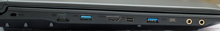 Левая сторона: замок Kensington, розетка Ethernet, порт USB 3.0, видеовыходы HDMI 2.0 и mini-DisplayPort 1.4, порты USB 3.0 и USB 3.1 Gen 1 Type-C, отдельные разъемы микрофона и наушников