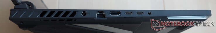 Левая сторона: разъем питания, RJ45, HDMI 2.1, Thunderbolt 4 (DisplayPort), USB-C 3.2 Gen2 (DisplayPort, Power Delivery, G-Sync), аудио разъем