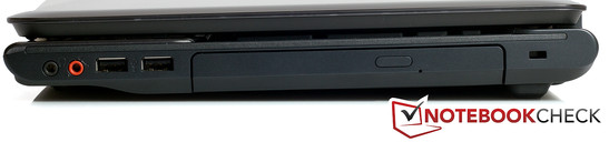 Справа: 2x аудиоразъема, 2x USB 2.0, привод оптических дисков, разъем для замка Кенсингтона