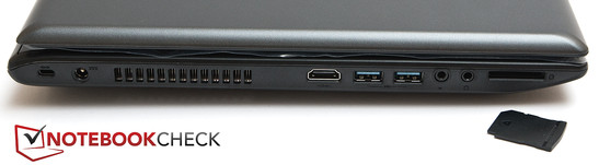 Левая сторона: Kensington, разъём питания, HDMI, 2x USB 3.0, 2x Аудио, картридер