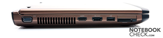 Слева: VGA, HDMI, USB 2.0/eSATA, USB 2.0, считыватель карт памяти, ExpressCard34