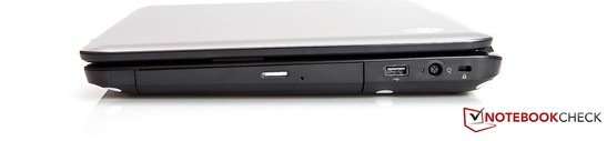 Справа: Опт. привод (DVD), USB 2.0, вход адаптера питания, Kensington