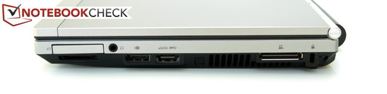Справа: ExpressCard34, картридер, аудио, DisplayPort, eSATA/USB, порт док-станции, Kensington