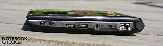 Справа: наушники, микрофон, 2 USB, разъем питания, разъем для замка Кенсингтона, LAN