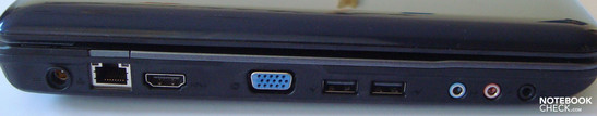 Левая сторона: a/c коннектор электропитания, LAN, HDMI, VGA, 2xUSB, аудио порты