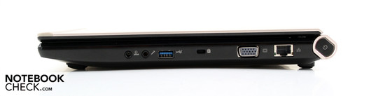 Справа: выход для наушников/ SPDIF, вход для микрофона, USB 3.0, разъем для замка Кенсингтона, VGA, Ethernet, кнопка включения питания