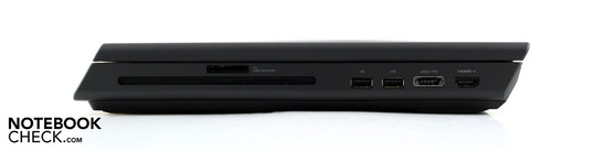 Справа: считыватель карт памяти 8-в-1, записывающий DVD привод (с щелевой загрузкой), 2x USB 2.0, eSATA/USB 2.0, HDMI-In