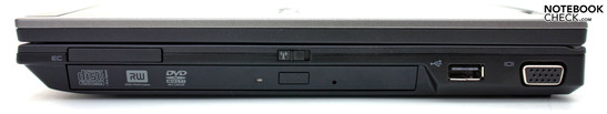 Справа: ExpressCard 34, DVD привод, USB 2.0, VGA