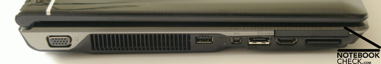 Вид слева: VGA, вентилятор, USB 2.0, Firewire, E-SATA, HDMI, Express Card Slot 54, картридер