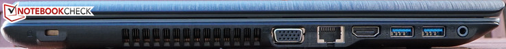 Слева: Слот замка Kensington, вентиляционная решетка, VGA, гигабитный LAN, HDMI, 2x USB 3.0, совмещенный аудиоразъем