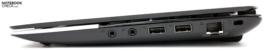 Справа: Аудио, 2х USB 2.0, RJ45, Kensington