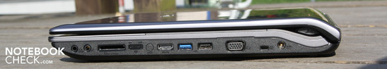 Справа: Наушники/SPDIF, микрофонный выход, картридер, вкл/выкл WiFi, HDMI, USB 3.0, eSATA/USB, VGA, Kensington, вход питания