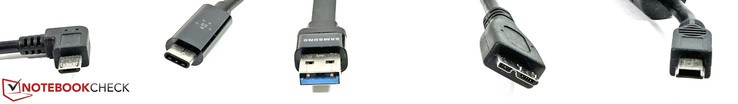 Слева направо: USB Micro B (мини-версия), Type C, Type A, Micro B (широкая версия), Mini-USB