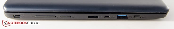 Слева: разъем питания, регулятор громкости, кнопка питания, слот microSD, microHDMI, USB 3.0, USB 3.1 (Gen1) Type C