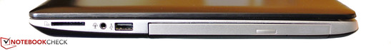Справа: SD-картридер, 3.5-мм аудиоразъем, USB 2.0, DVD-привод