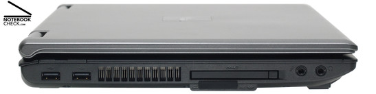 Левая панель: 2x USB-2.0, вентилятор, картридер, ExpressCard/54, микрофон, наушники
