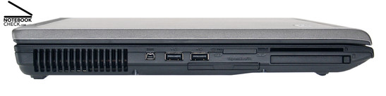 Слева: Вентиляционные отверстия, FireWire, 2x USB-2.0, ExpressCard/54, Картридер 5в1, PC-Card, Смарт-карт картридер