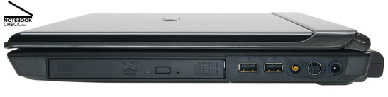 Правая сторона: DVD привод, 2x USB-2.0, RF-вход, S-Video вход, разъем питания.