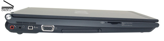 Вид слева: Микрофон, наушники, FireWire (i.LINK, IEEE 1394), VGA, PC Card, картридер