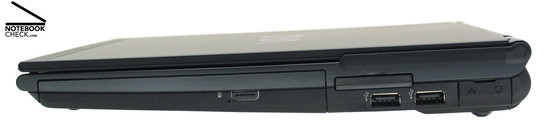 Вид справа: DVD привод, ExpressCard/34, 2x USB-2.0, LAN, модем, WWAN антенна.