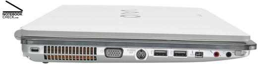 Вид слева: Kensington Lock, Вентиляционные отверстия, VGA, S-Video-Out, 2x USB-2.0, порт i.LINK (IEEE1394, FireWire) S400, разъем для микрофона, разъем для наушников, переключ
