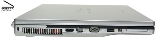 Вид слева: Kensington Lock, Вентиляционные отверстия, HDMI, S-Video-Out, интерфейс VGA, 1x USB-2.0, i.LINK (IEEE1394, FireWire) S400, ExpressCard/34