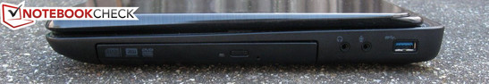 Справа: DVD привод, выход для наушников и вход для микрофона,, USB 3.0