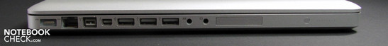 Слева: Разъем для подключения питания, Ethernet, FW800, Thunderbolt/Mini DisplayPort, 3x USB 2.0, разъемы для микрофона и наушников, ExpressCard/34, индикатор уровня заряда