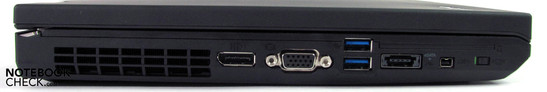 Слева: DisplayPort, VGA, 2x USB 3.0, eSata/ USB 2.0, FireWire, переключатель Wifi