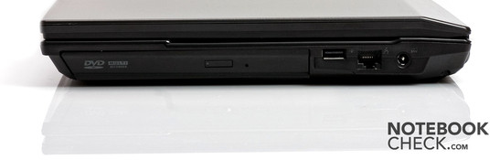 Справа:разъём питания, RJ45, USB 2.0, дисковод