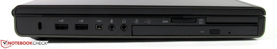 Слева: Разъем для замка Кенсингтона, 2x USB 2.0, FireWire, аудиоразъемы, считыватель карт памяти, ExpressCard/54 и считыватель смарт карт, Blu-ray привод