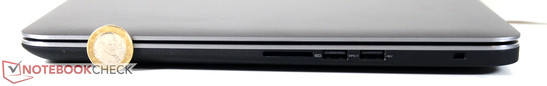 Справа: SD-кардридер, USB 3.0, USB 2.0, замок Noble