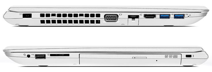 Слева: гнездо питания, вентиляционная решетка, VGA, Ethernet, HDMI, 2x USB 3.0 / Справа: аудиоразъем, USB 2.0, SD-картридер, DVD-привод, слот Kensington