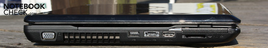 Слева: VGA, USB, eSATA/USB, HDMI, ExpressCard, картридер (SD/SDHC/MS/MSPro)