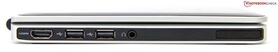 Слева: HDMI, 2 х USB 2.0, выход для наушников, динамик
