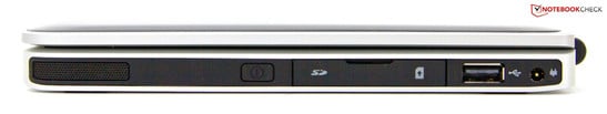 Справа: Динамик, считыватель карт памяти SD, разъем для SIM карты, USB 2.0
