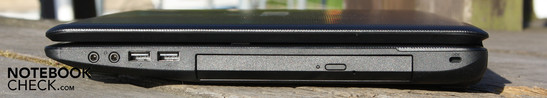 Справа: линейный выход/вход, 2х USB 2.0, привод DVD, Kensington