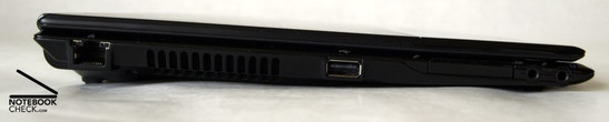 Слева: LAN, решетка вентилятора, USB, Expresscard/34, микрофон, наушники