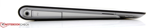 Слева: Комбинированный разъем для  микрофона и наушников, microUSB,  считыватель SD карт под заглушкой