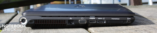 Слева: разъем питания, разъем для замка Кенсингтона, Ethernet, VGA, HDMI, eSATA/USB, ExpressCard34, FireWire