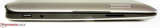 Слева: USB 2.0, аудиоразъем, SD-картридер и качелька-регулятор громкости над ним (на задней панели)