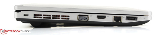 Слева: 1 USB 2.0 + eSATA, RJ-45, HDMI, VGA, разъем для замка Кенсингтона
