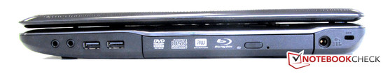 Справа: Разъем для замка Кенсингтона, разъем для подключения питания, Blu-Ray привод, 2xUSB 2.0, аудиоразъемы