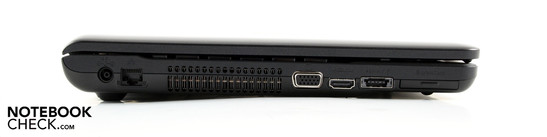 Слева: AC, Ethernet, VGA, HDMI, совмещенный eSATA/USB, ExpressCard34