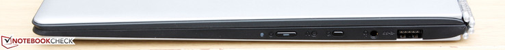 Справа: кнопка питания, кнопка Lenovo OneKey, кнопка блокировки поворота дисплея, 3.5-мм аудиоразъем, USB 3.0