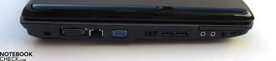 Вид слева: Kensington Lock, Docking Port, LAN, VGA, HDMI, 2x USB, аудио-порты, ExpressCard